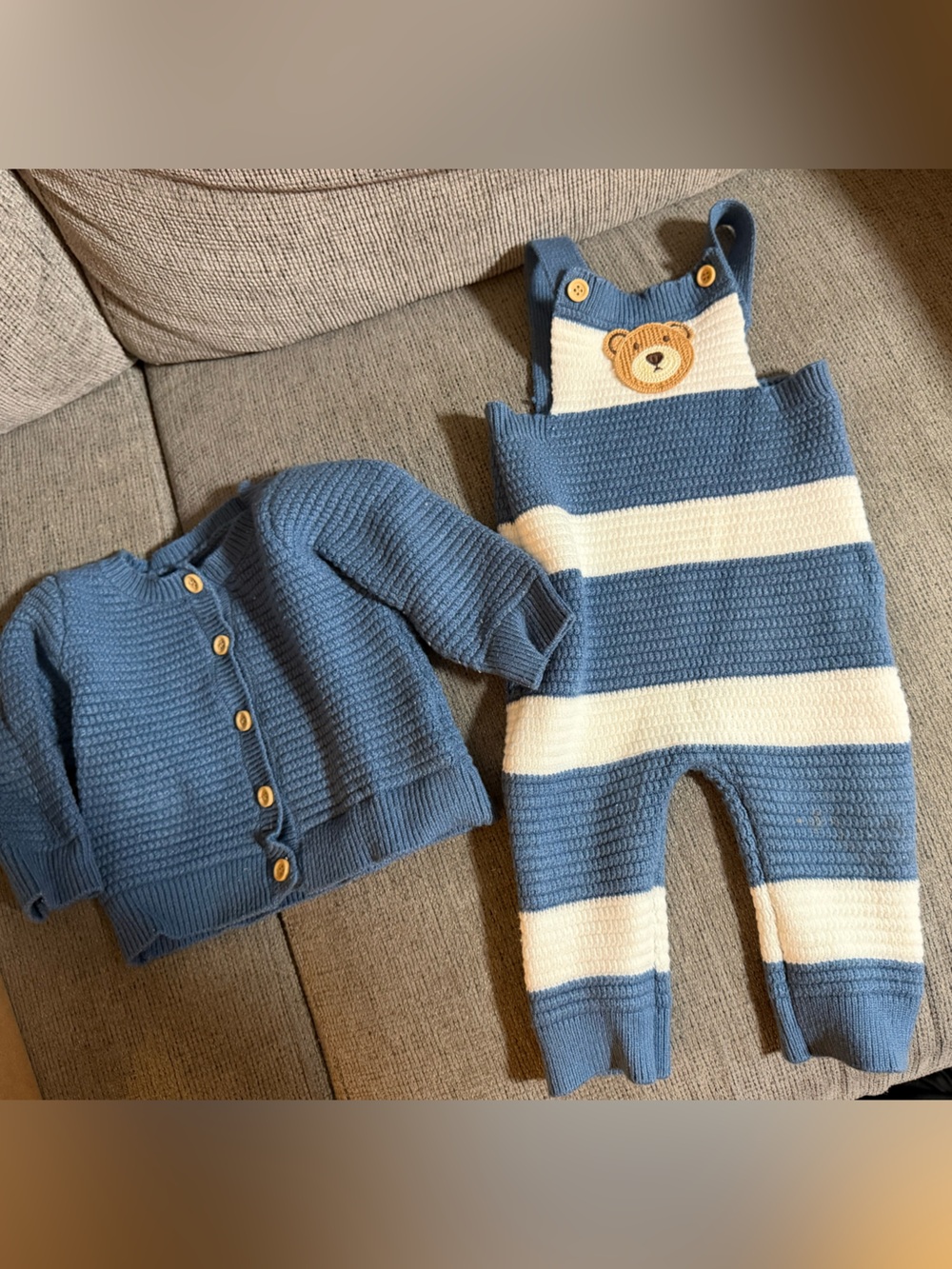 SHEIN Blue and Cream Striped Knit Overalls with Blue Cardigan